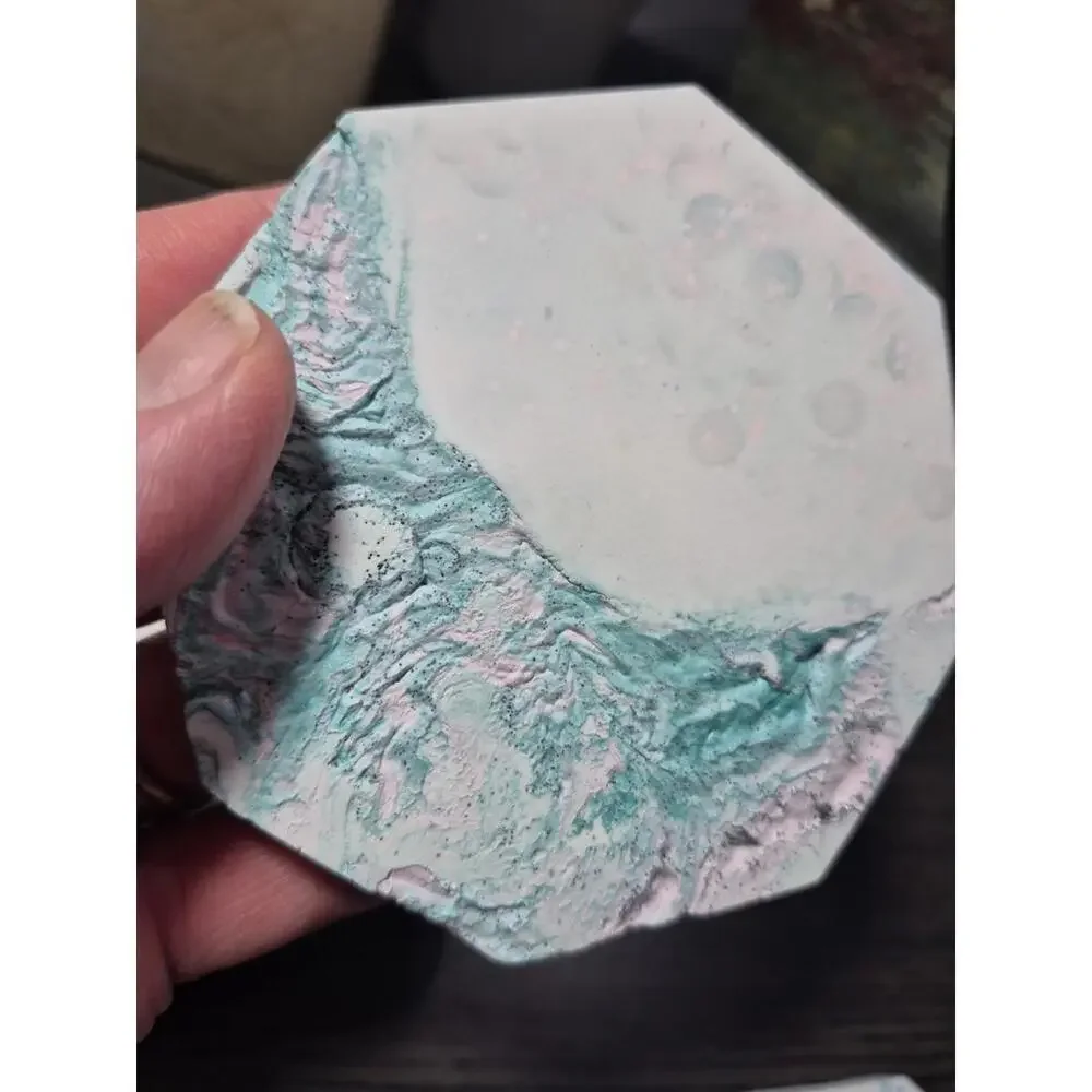 4 Teal/Pink White Marbled Eco Resin Stone Look Hexagon Coasters 4” Handmade